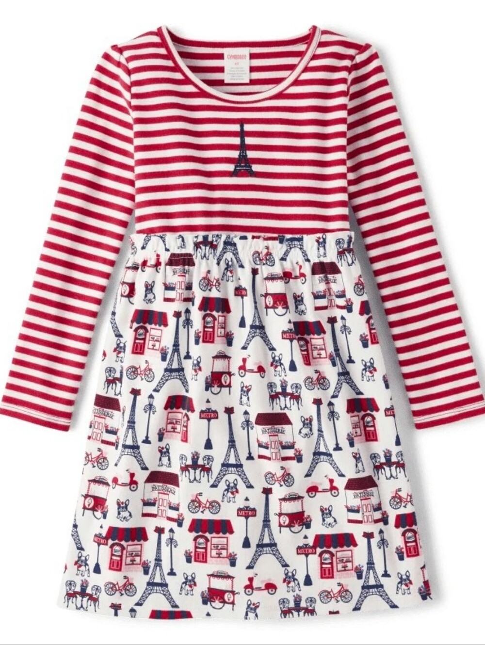 Gymboree Girls Red Striped Paris Print Long-Sleeve Dress - Size 8